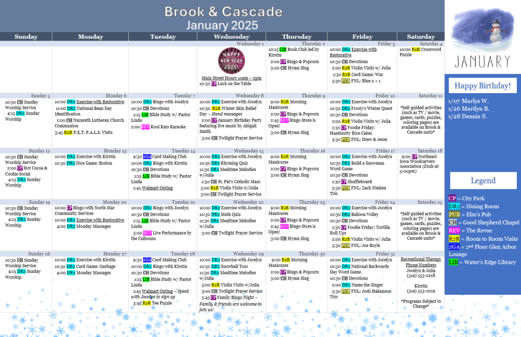 1st Floor Programming Calendar - September 2022 January 2025 1st FL